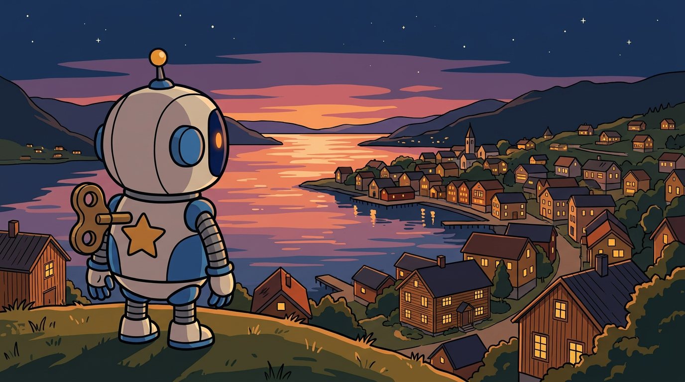 Helpy-roboten ser ut over en norsk kystby i skumringen