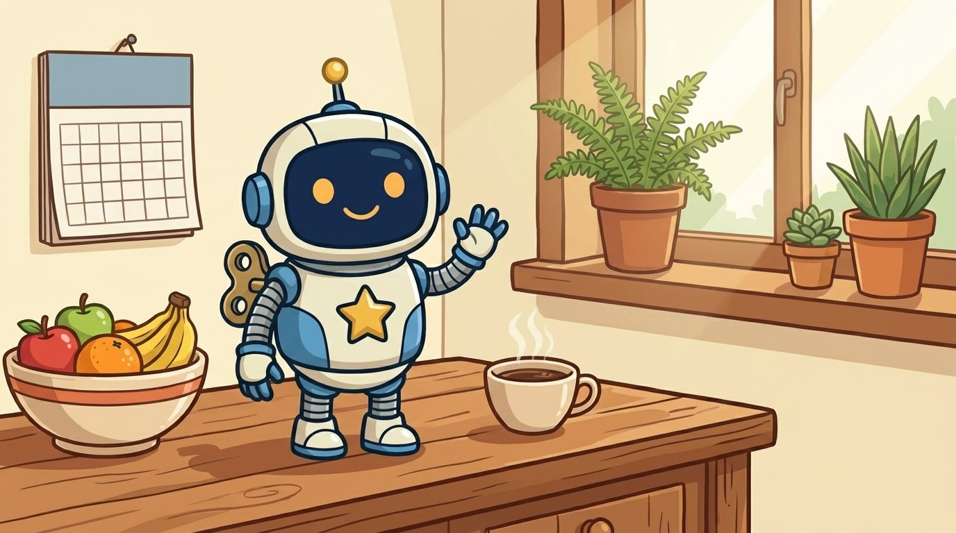 Helpy-roboten vinker god morgen fra kjøkkenbenken